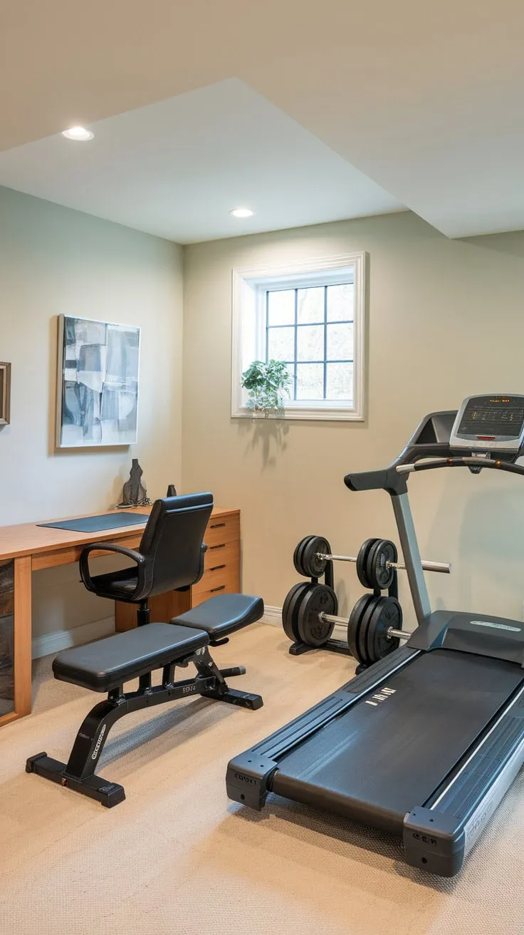 Transform your basement into a productive haven with a home office gym combo featuring treadmill, weights, and desk, all bathed in natural light.