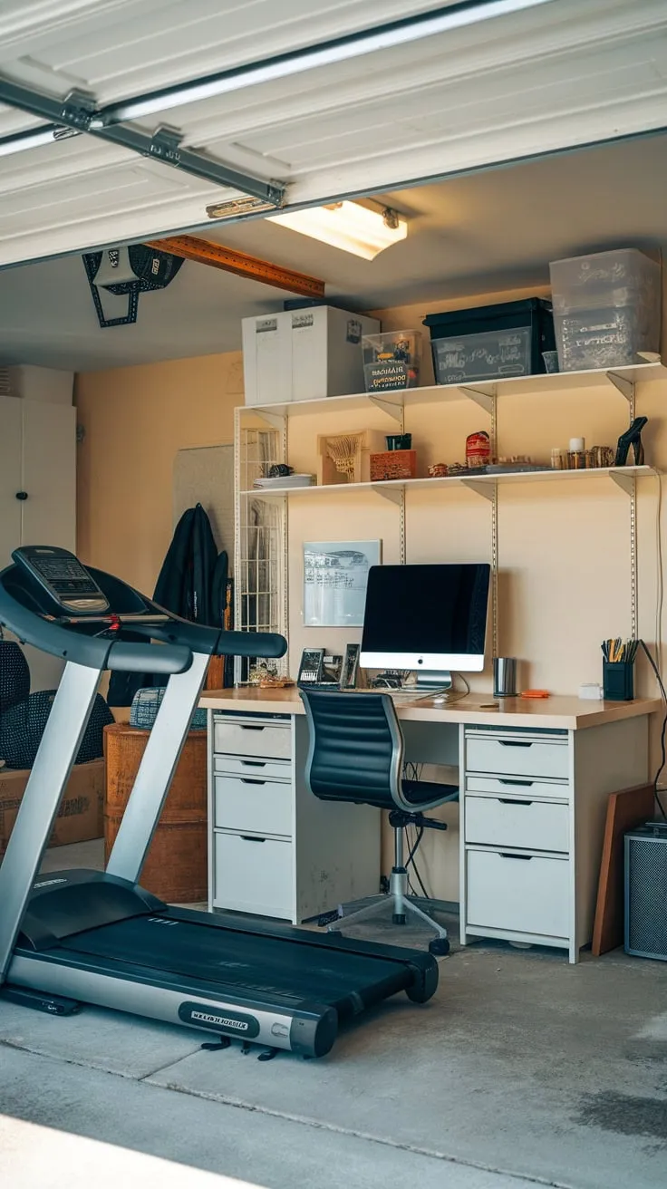 A cluttered yet functional garage houses a home office gym, featuring a desk, treadmill, and shelving, showcasing a blend of work and fitness.