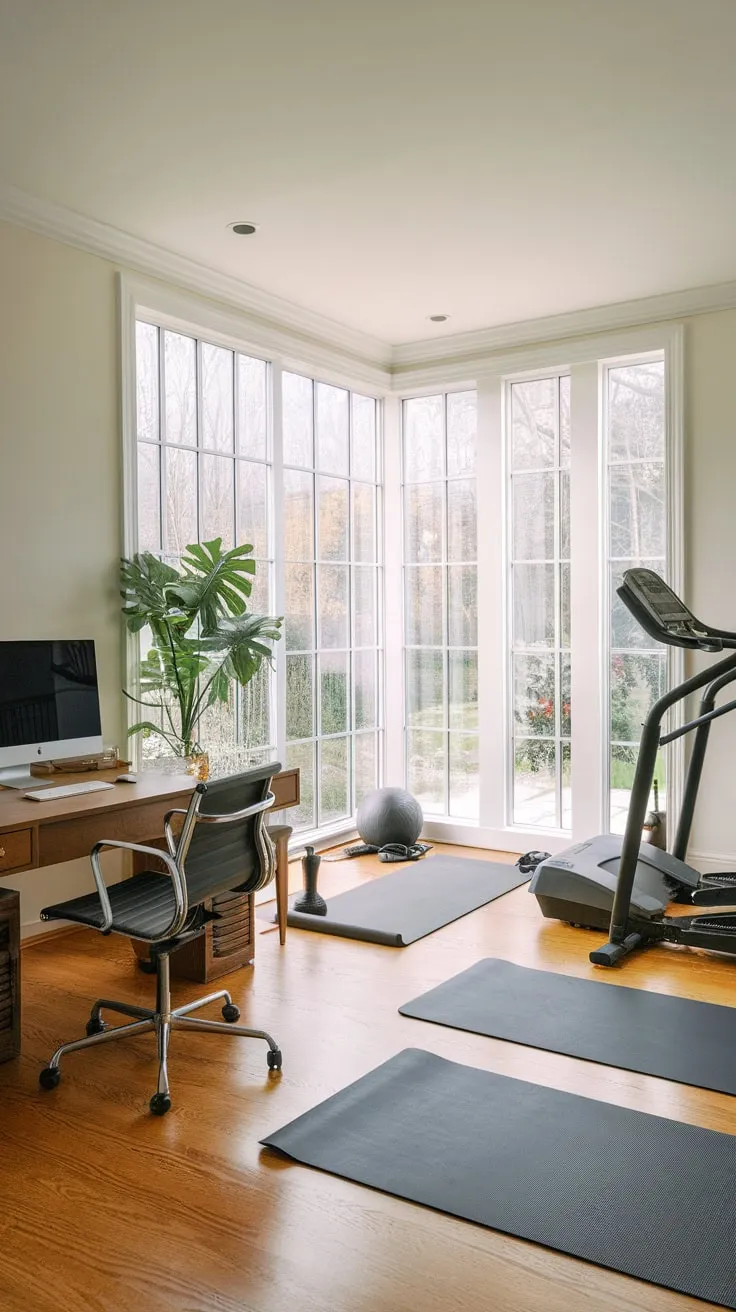 Maximize productivity and wellness in a bright home office seamlessly blending work space with a garden-view gym.