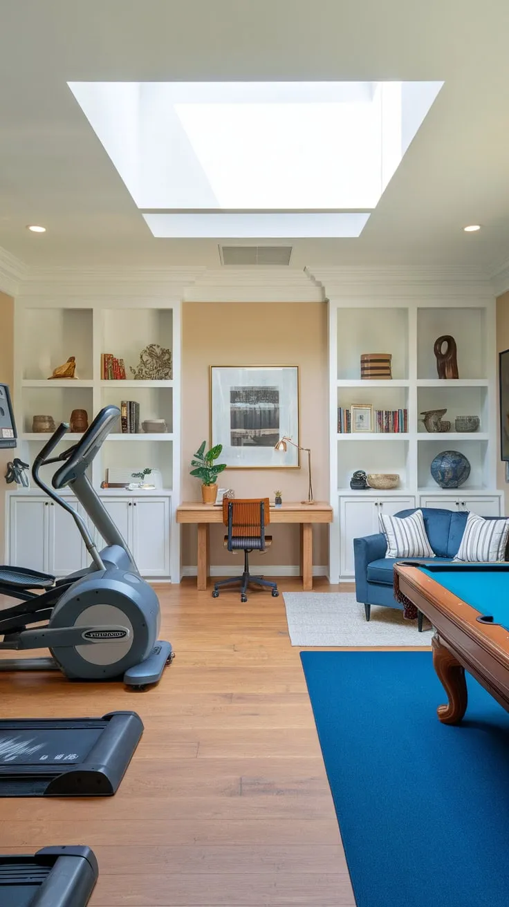 Transform your home into a haven of productivity and play with a multipurpose room seamlessly blending home office, gym, and game room.