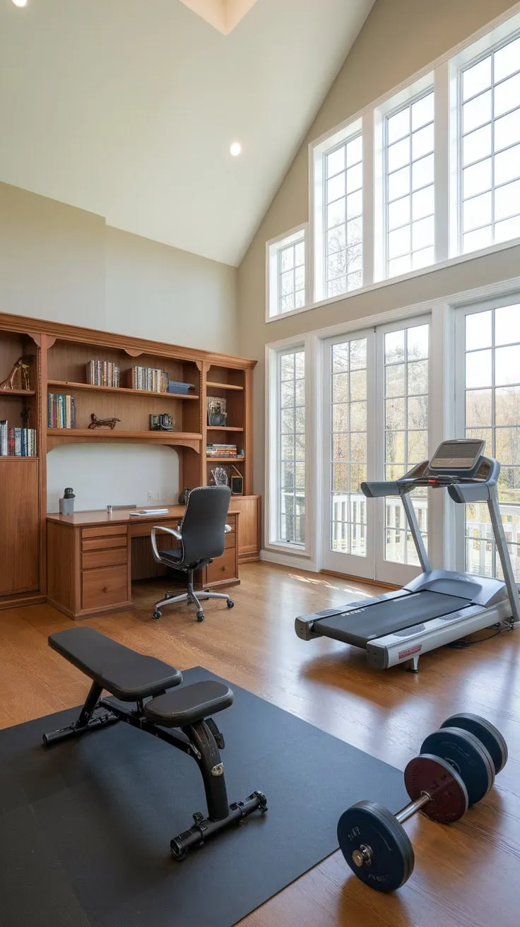 A high-ceilinged room with wood floors unites a fully equipped home gym and a comfortable office space, perfect for efficient living.