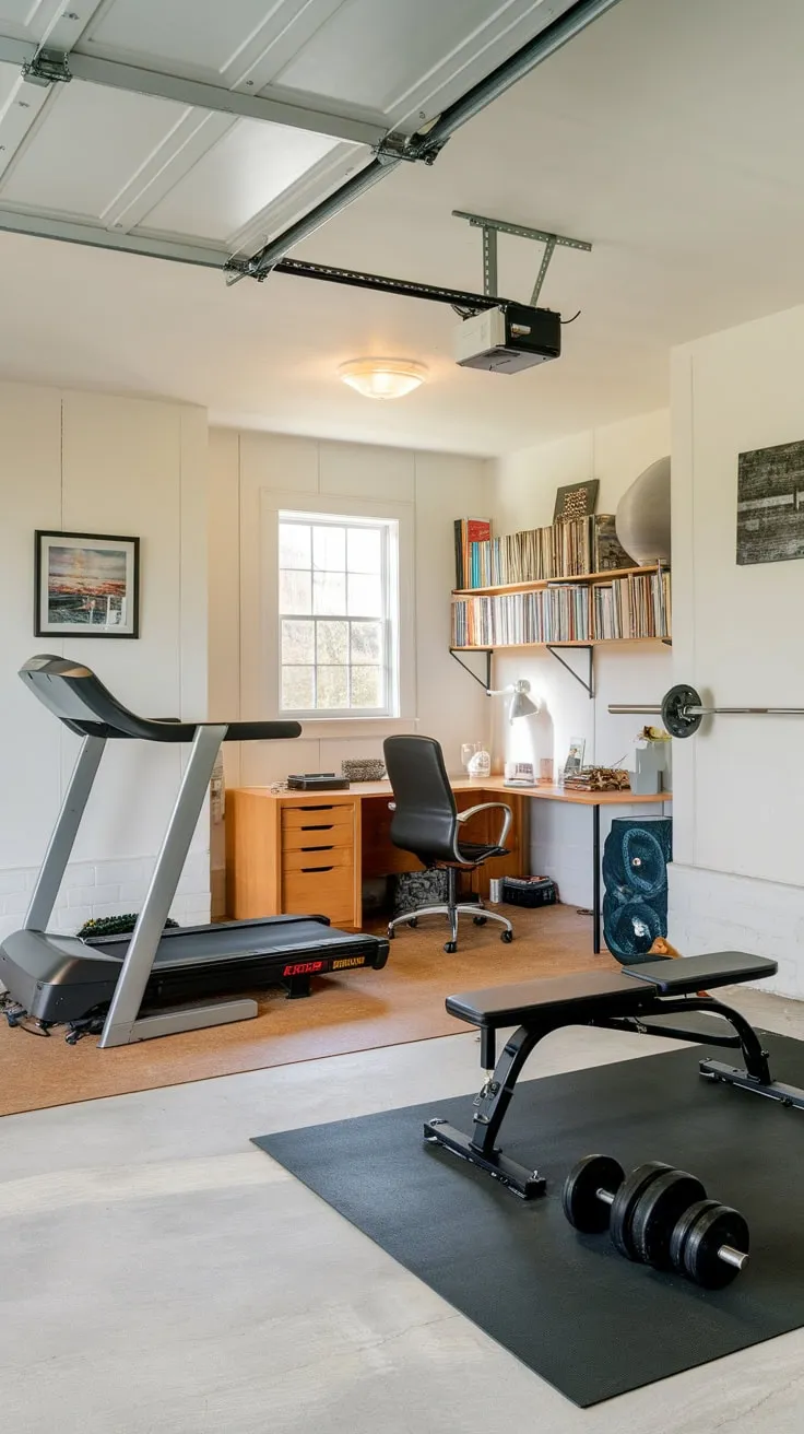 Transform your garage into a powerhouse of productivity and fitness with a combined home gym and office, featuring essential workout and work essentials.