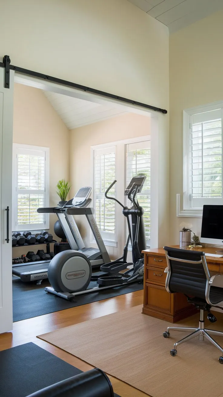 Maximize space and productivity with a home gym and office combo featuring cardio equipment, weights, and a dedicated workspace.