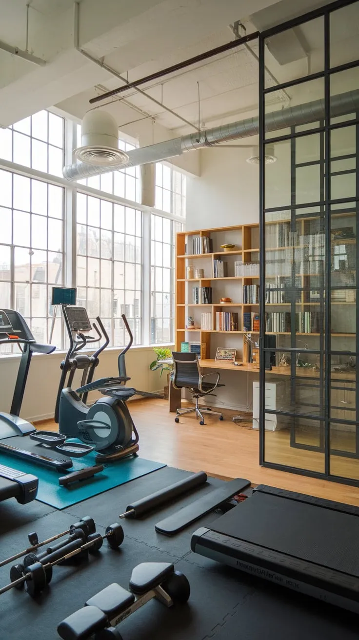 Maximize space and productivity with a stunning home gym and office combo boasting high ceilings, large windows, and top-tier equipment