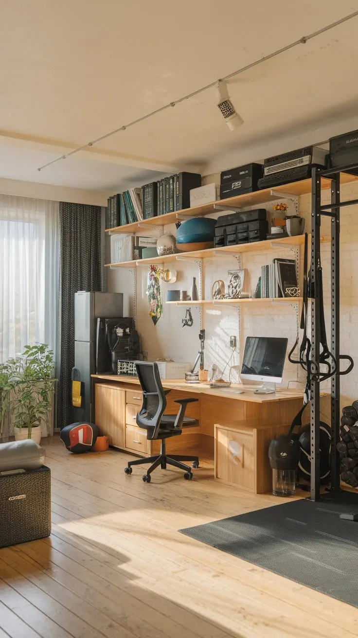 Sunlight floods versatile home office gyms—from garage conversions to attic retreats—equipped for workouts, work, and play.