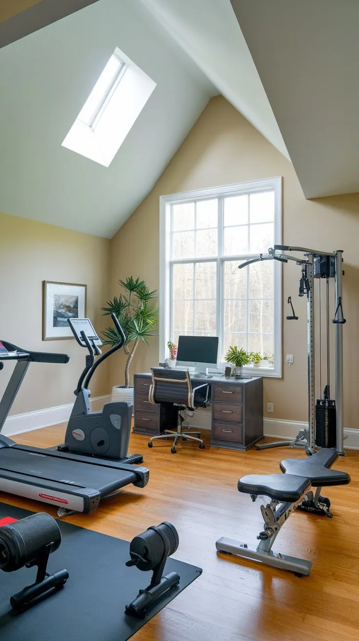 Blend work and workout seamlessly in a stylish home office gym boasting cardio equipment, weights, and a dedicated desk area.