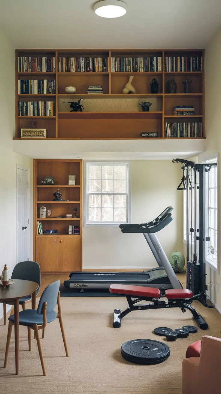 Maximize space with a loft office seamlessly blending work essentials and a fully equipped home gym.