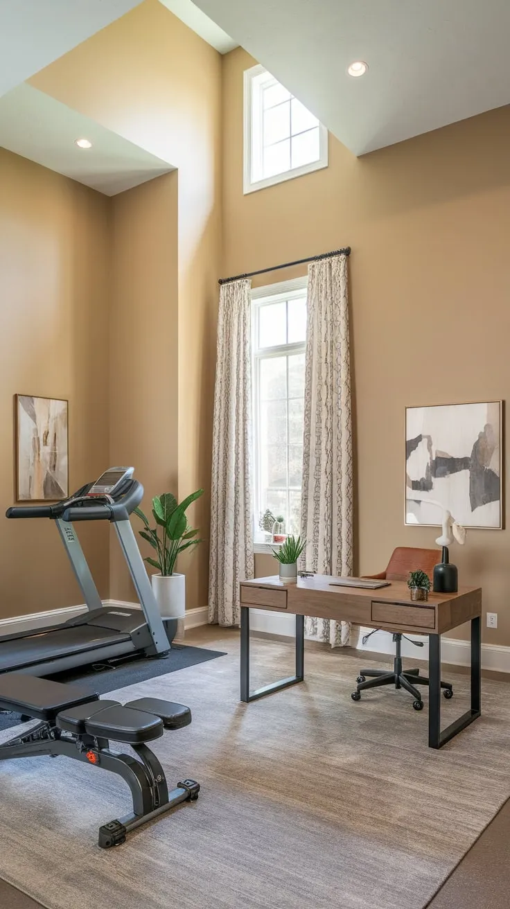 A basement transformation blends work and workout seamlessly, creating a productive and healthy home environment.