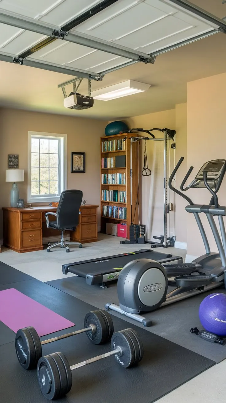 Transform your garage into a productive haven blending a fully equipped home gym with a functional workspace.