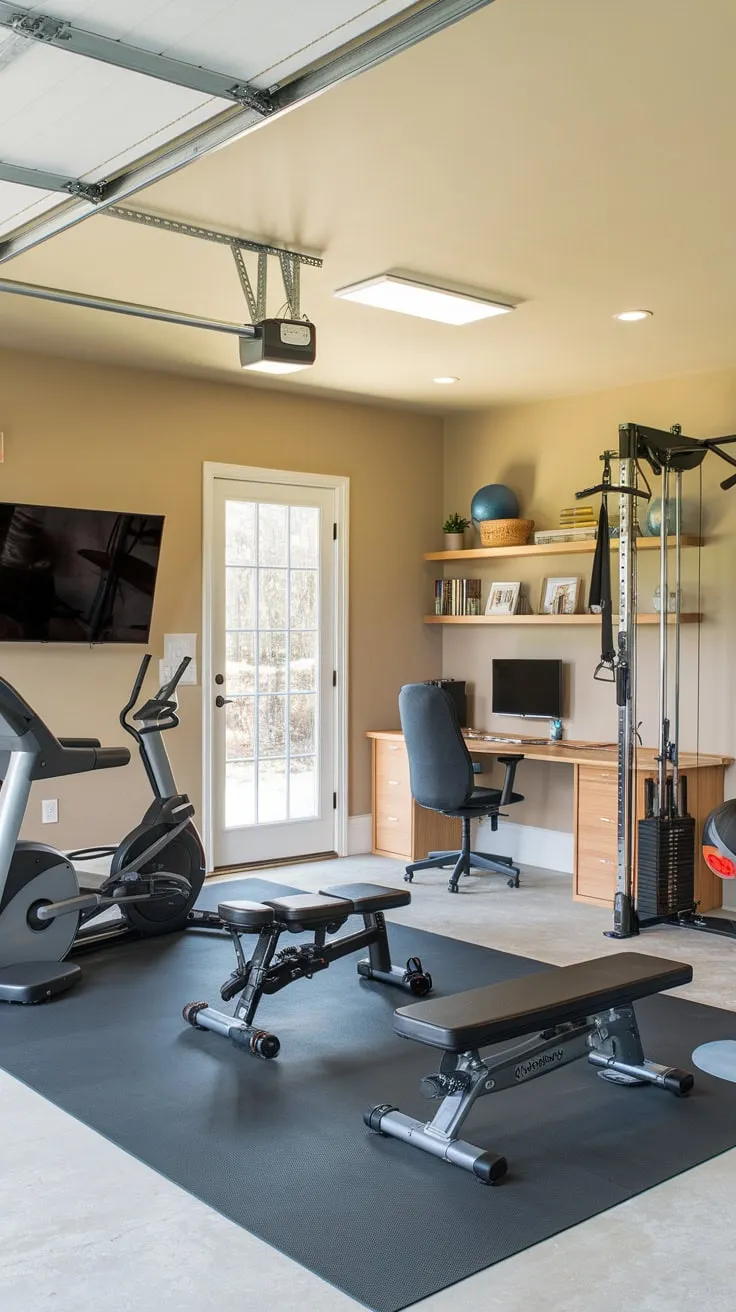 Maximize space and efficiency by combining a fully equipped home gym and a functional office in your garage, creating a personalized powerhouse for fitness and work.