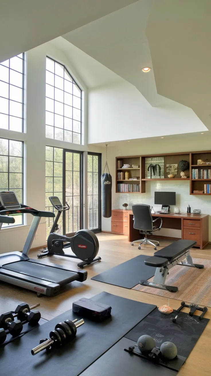 Maximize space and wellness with a home gym and office combo featuring diverse workout equipment and a productive workspace bathed in natural light