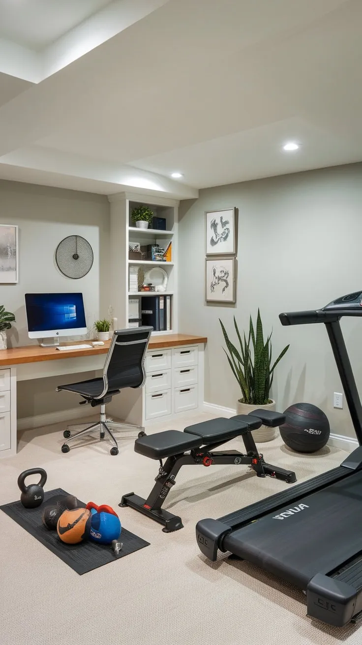 Transform your basement into a productive haven combining a practical home office and a complete gym for ultimate efficiency.