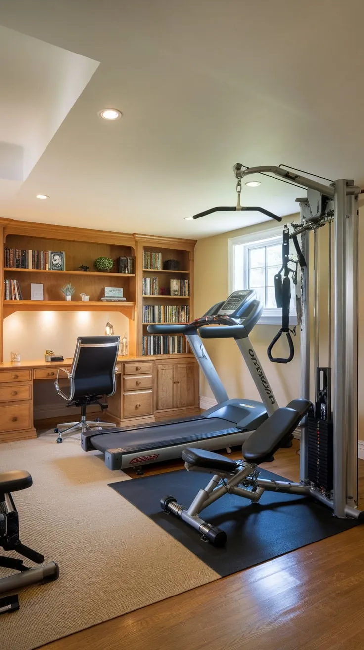 Transform your basement into a productive powerhouse combining a fully equipped home gym and a bright, functional home office.