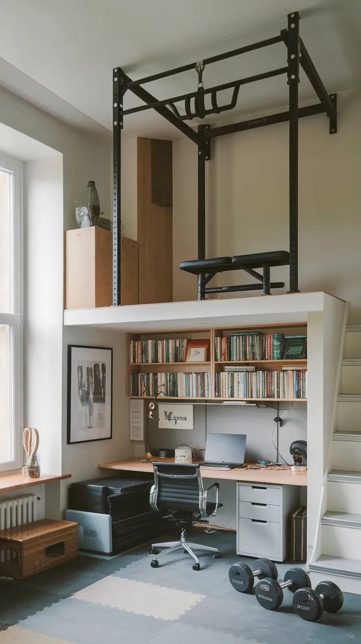 A white-walled home office cleverly combines a mezzanine-level gym, offering efficient workout and workspace in one unconventional design.