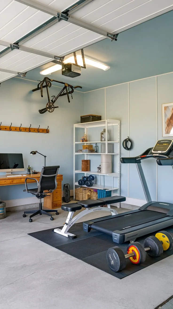 Concrete floors and clever storage maximize space in this inspiring home office gym combo.