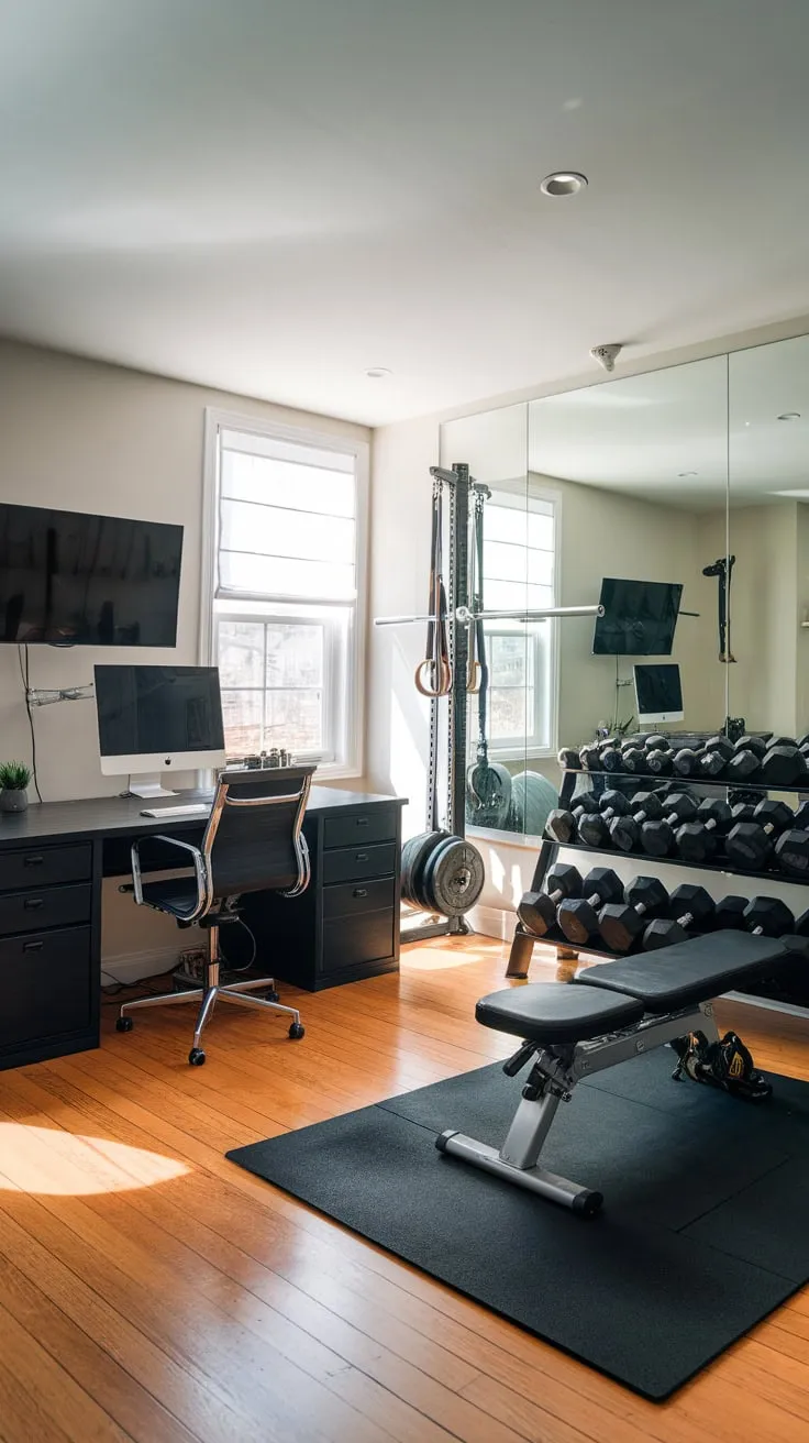 A bright, efficient home office cleverly combines work essentials with a complete weight training setup for ultimate productivity and wellness.