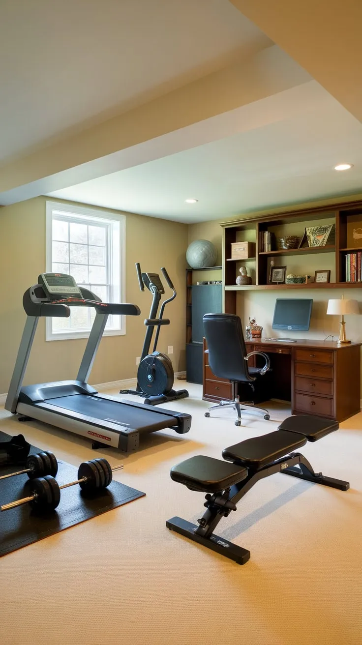 A beige basement seamlessly blends a home gym with a functional office, featuring workout essentials and workspace necessities.