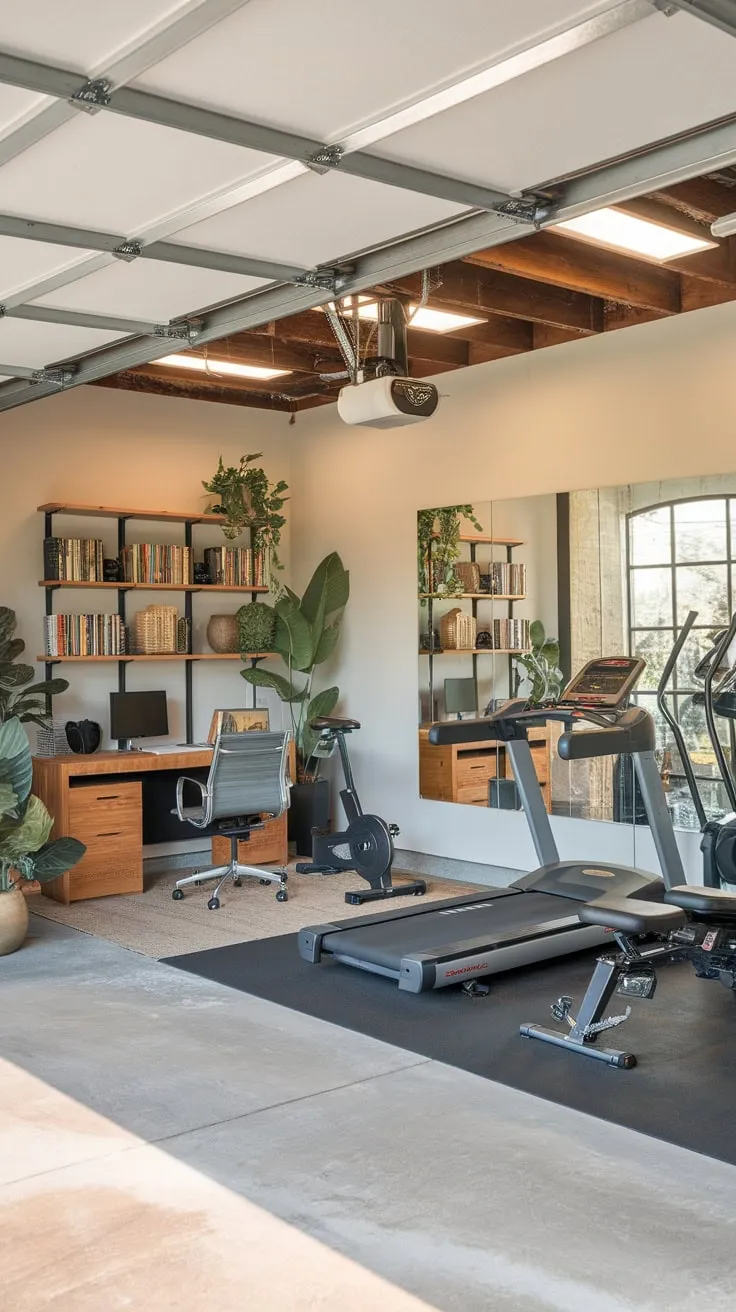 A sleek garage conversion boasts a fully equipped home gym and functional office, blending fitness and work amidst exposed beams and greenery.
