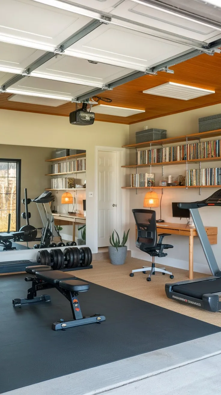 Transform your garage into a productive haven with a seamlessly integrated home gym and office, complete with workout essentials and a dedicated workspace.