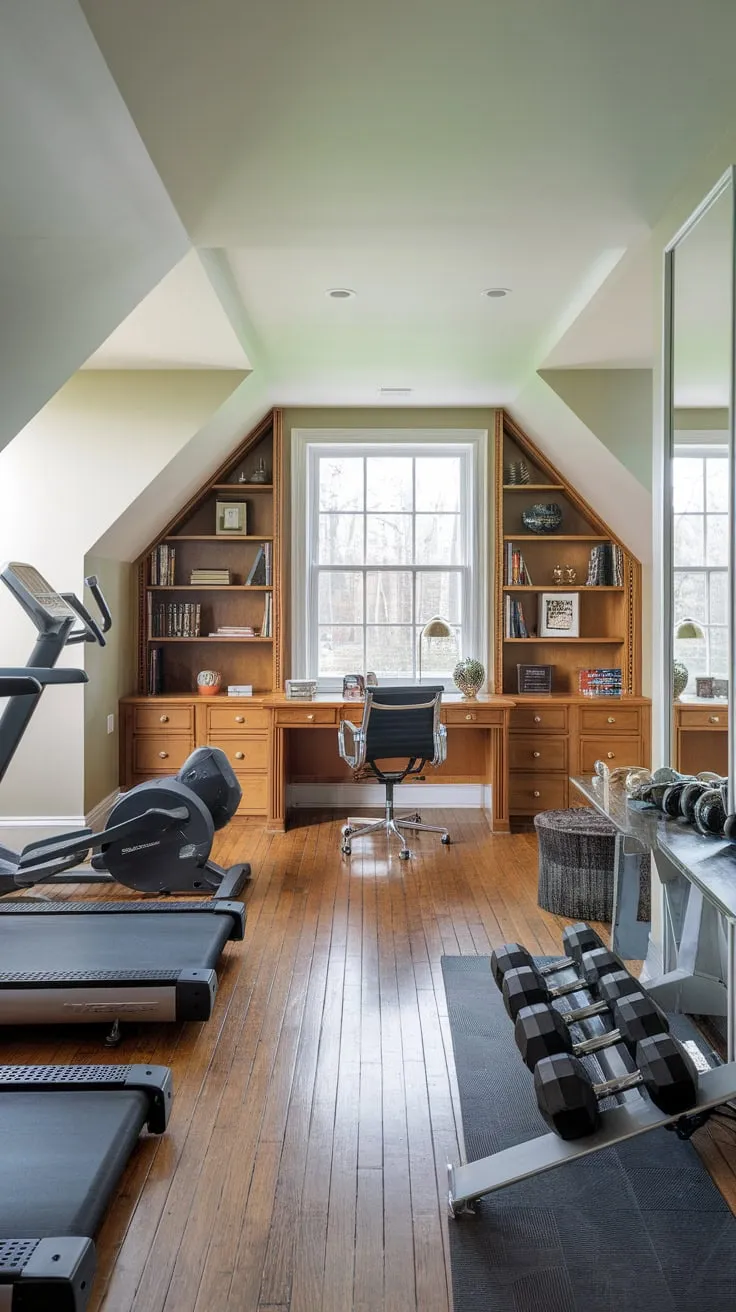 A stylish sloped-ceiling room seamlessly blends workout equipment and a functional office space, creating a productive and healthy home environment.