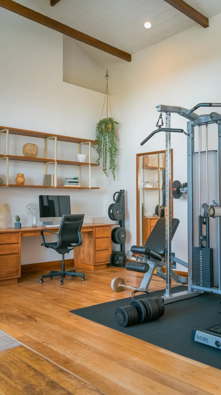 Maximize space and fitness with a home office gym combo featuring workout equipment and a desk, all within a stylish, high-ceilinged room