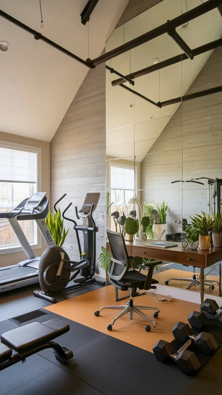 Maximize space and fitness with a stunning home office gym combo featuring cardio equipment, weights, and a dedicated workspace bathed in natural light