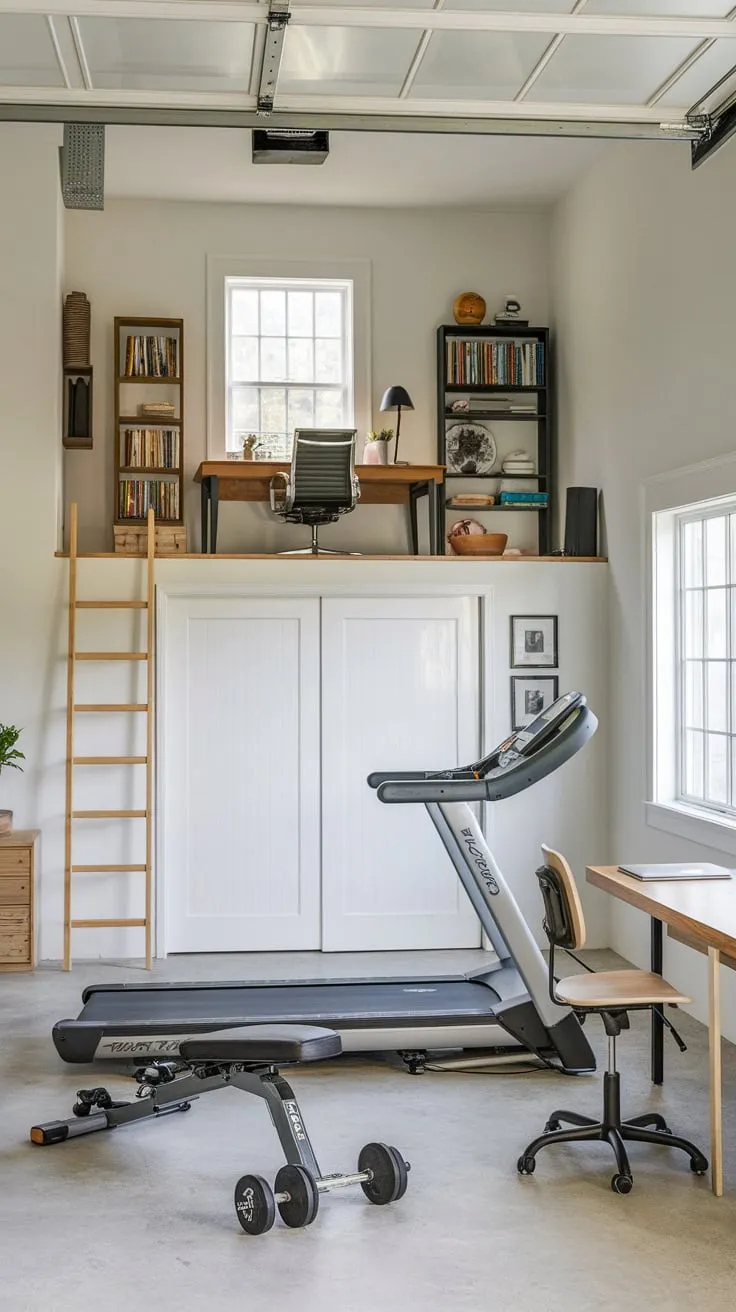 A loft office overlooks a garage gym, blending work and fitness in a cleverly designed white space.