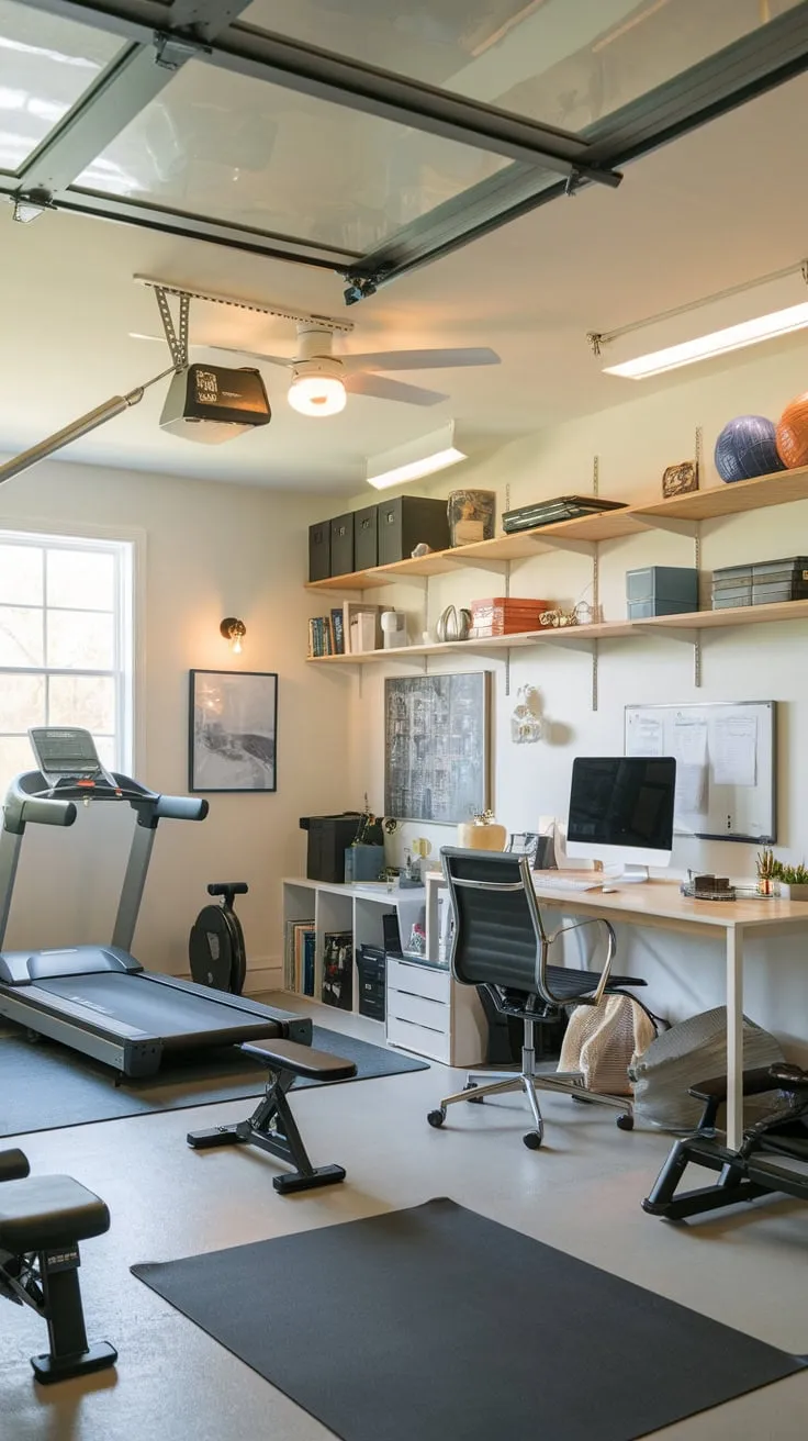 Maximize your space and productivity with a garage conversion featuring a fully equipped home gym and functional office.