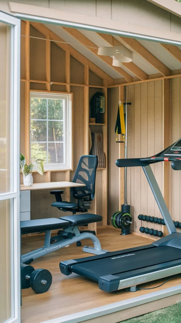 Transform your garden shed into a productive haven blending fitness and work with a home gym and office combo.