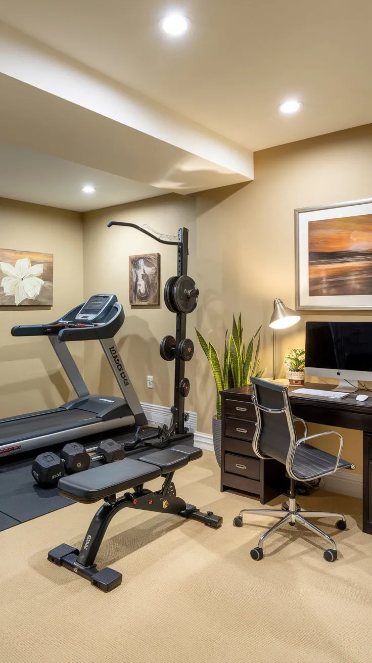 Maximize space and productivity with a combined basement gym and office, effortlessly transitioning between fitness and work.