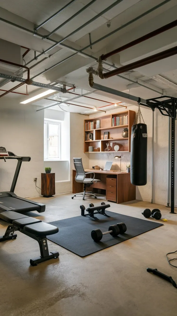 A basement transformed into a functional blend of home gym and office, complete with workout equipment and a workspace bathed in natural light