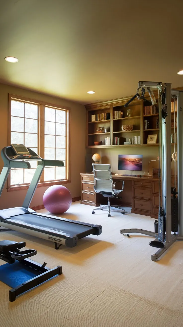 A sunlit basement seamlessly blends a home gym with a cozy office, featuring workout essentials and a productive workspace.