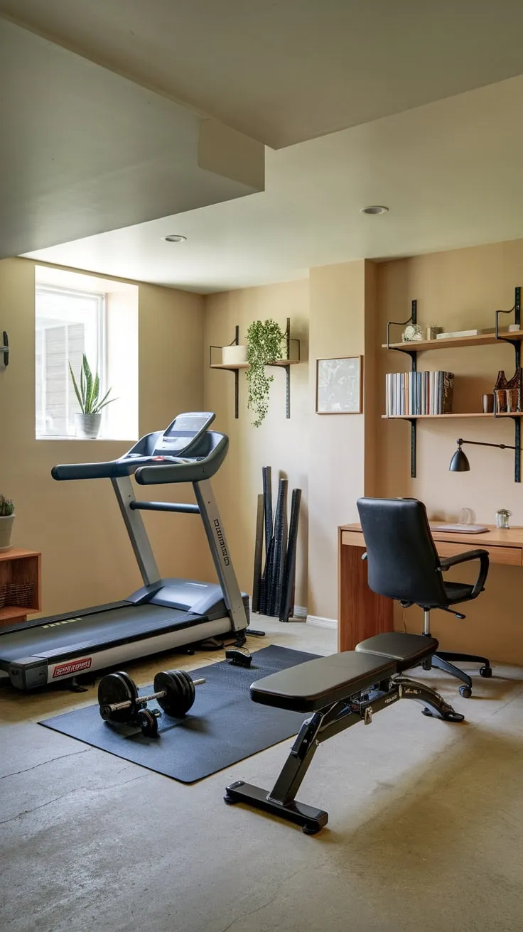 A beige basement seamlessly blends home office functionality with a compact gym featuring treadmill, weights, and desk, maximizing space.