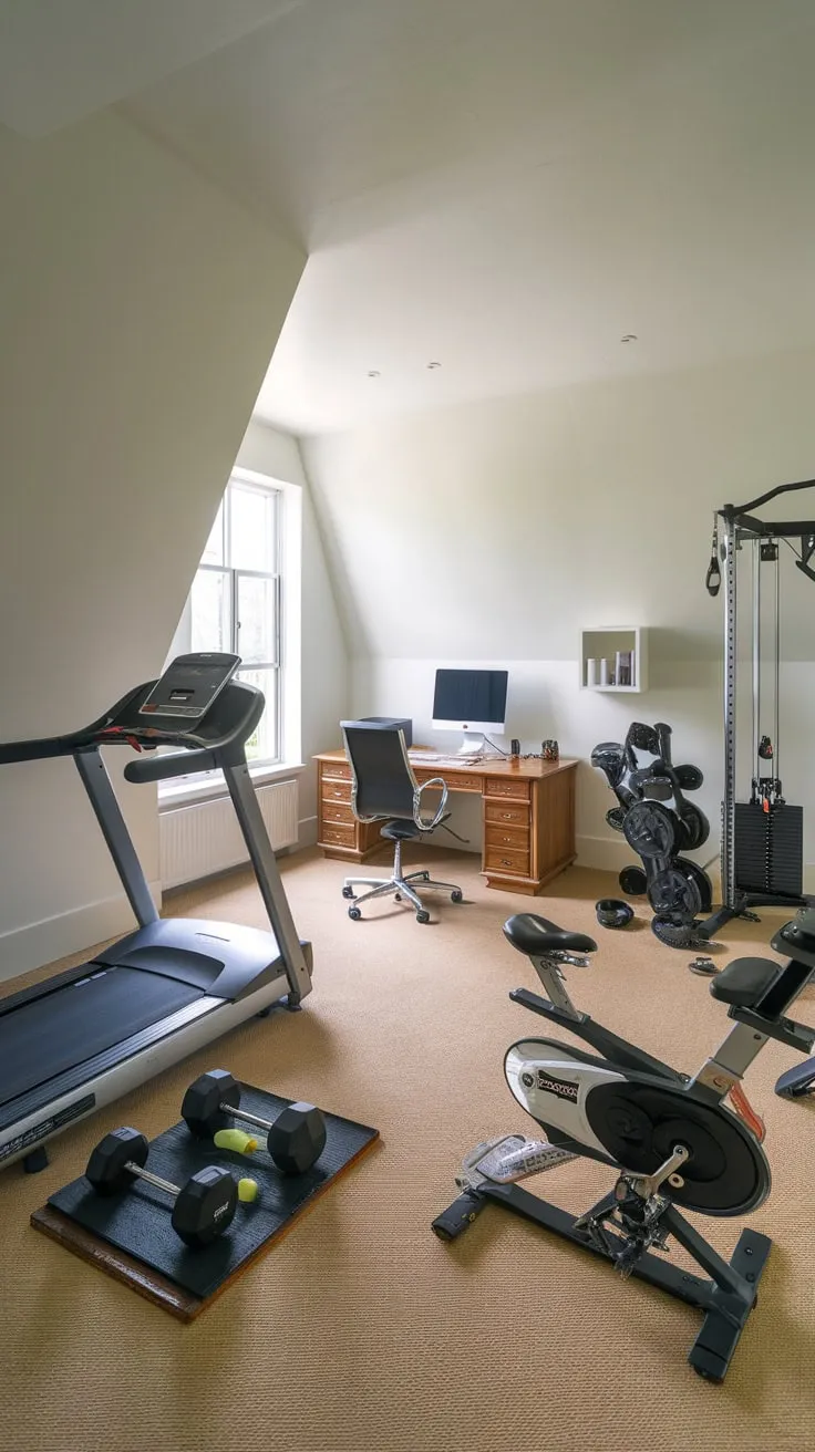 Maximize space and fitness with a home office gym combo featuring cardio equipment and weights alongside a productive workspace