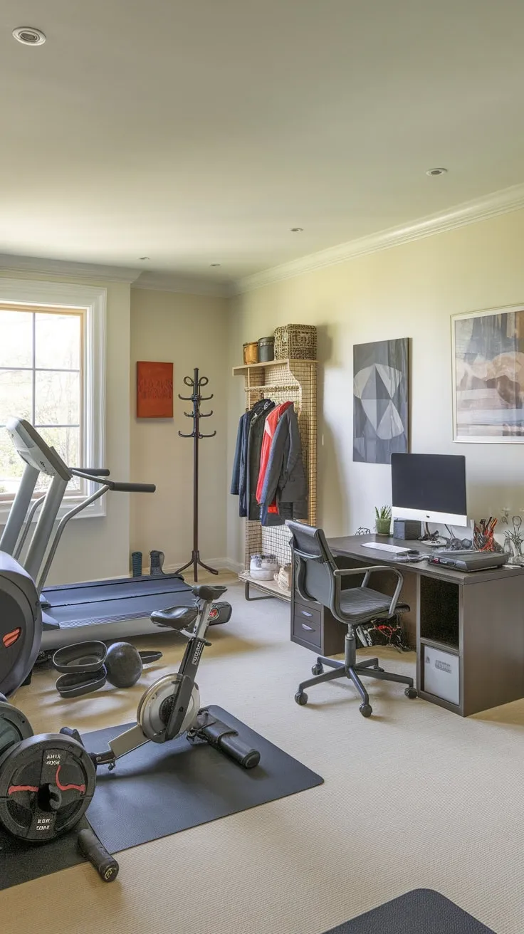 Transform your home into a wellness haven combining a fully equipped gym and a functional office in one inspiring room.