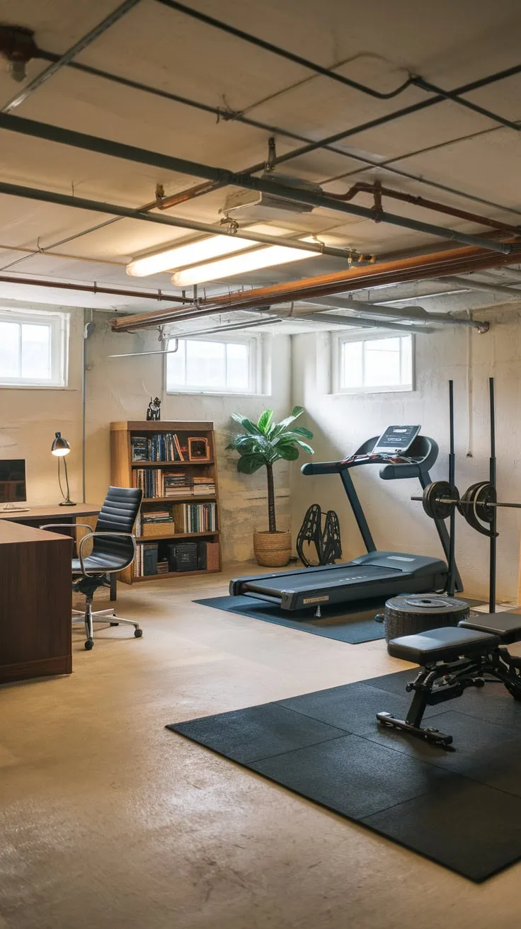 A raw industrial basement seamlessly blends a functional home gym with a practical workspace, featuring workout equipment and office essentials under high windows.