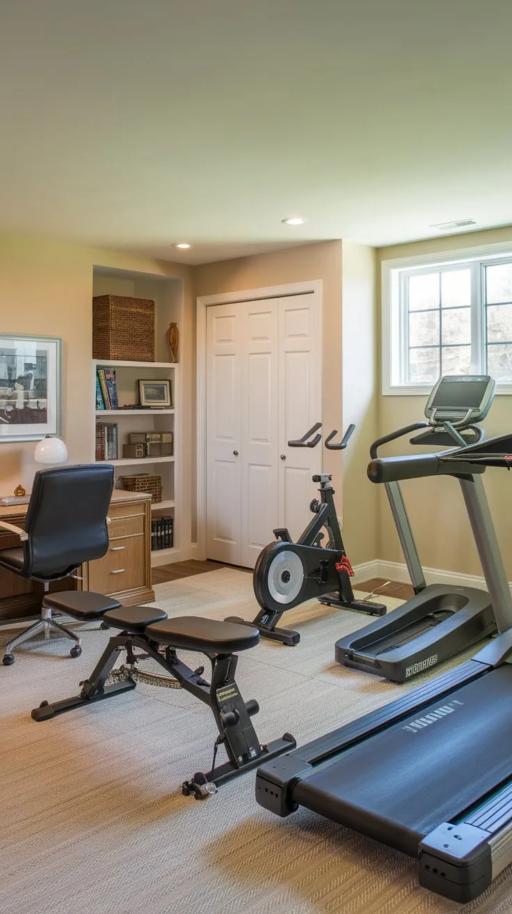 A beige-walled basement boasts a functional home gym and office, complete with cardio equipment, weights, and a workspace, maximizing space and productivity.