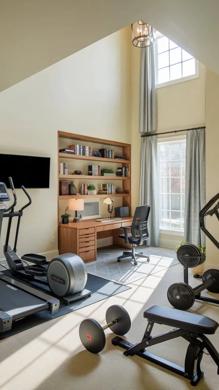 Maximize space and productivity with a bright home gym and office combo featuring cardio equipment, weights, and a dedicated workspace.