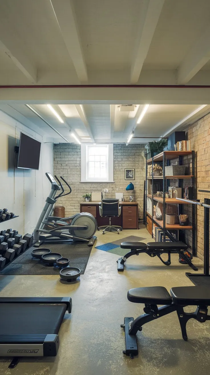 Transform your basement into a powerhouse of productivity and fitness with a combined gym and office boasting diverse workout equipment and a dedicated workspace.