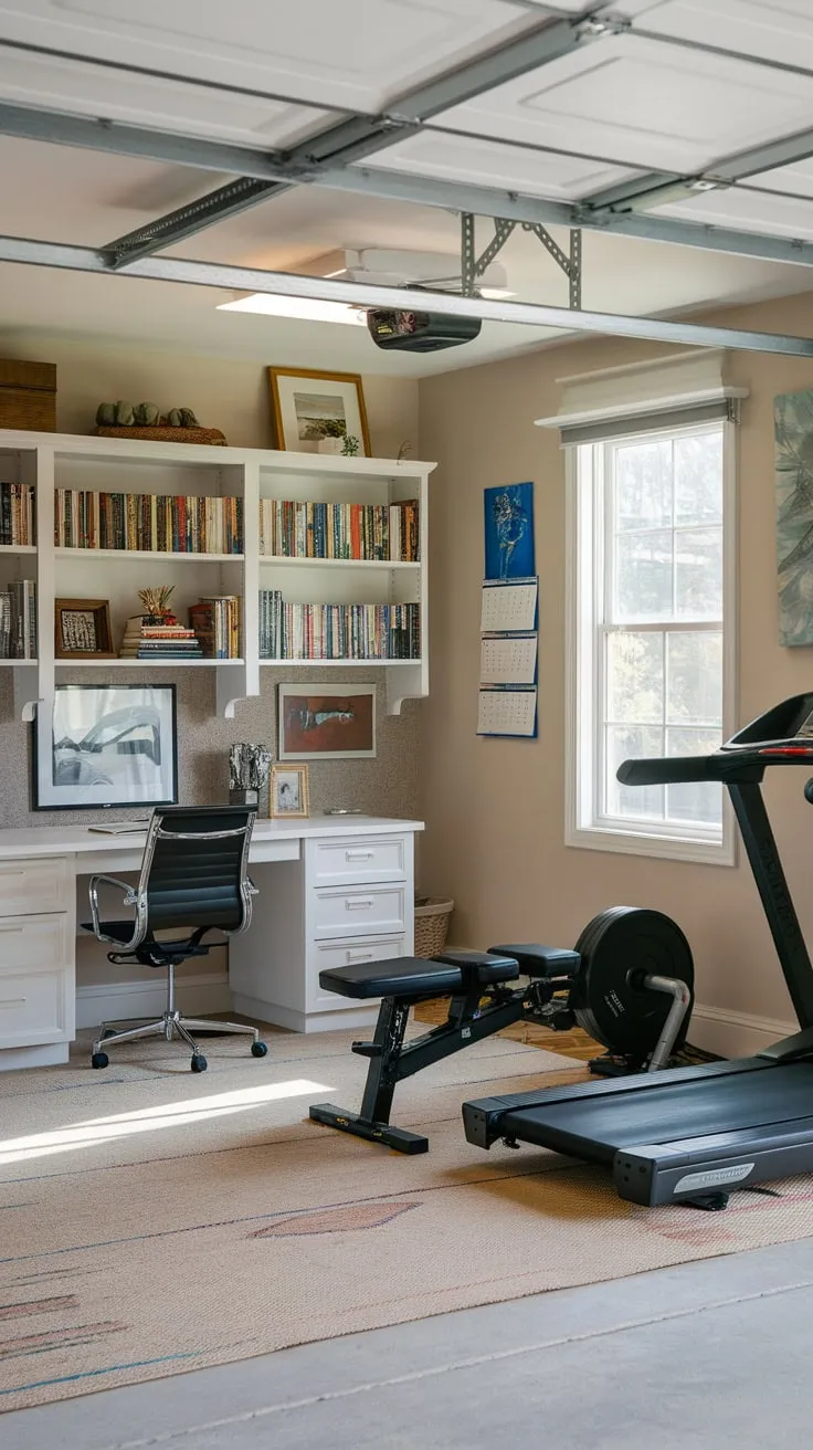 Transform your garage into a productive haven with a combined home office and gym, seamlessly blending work and fitness.