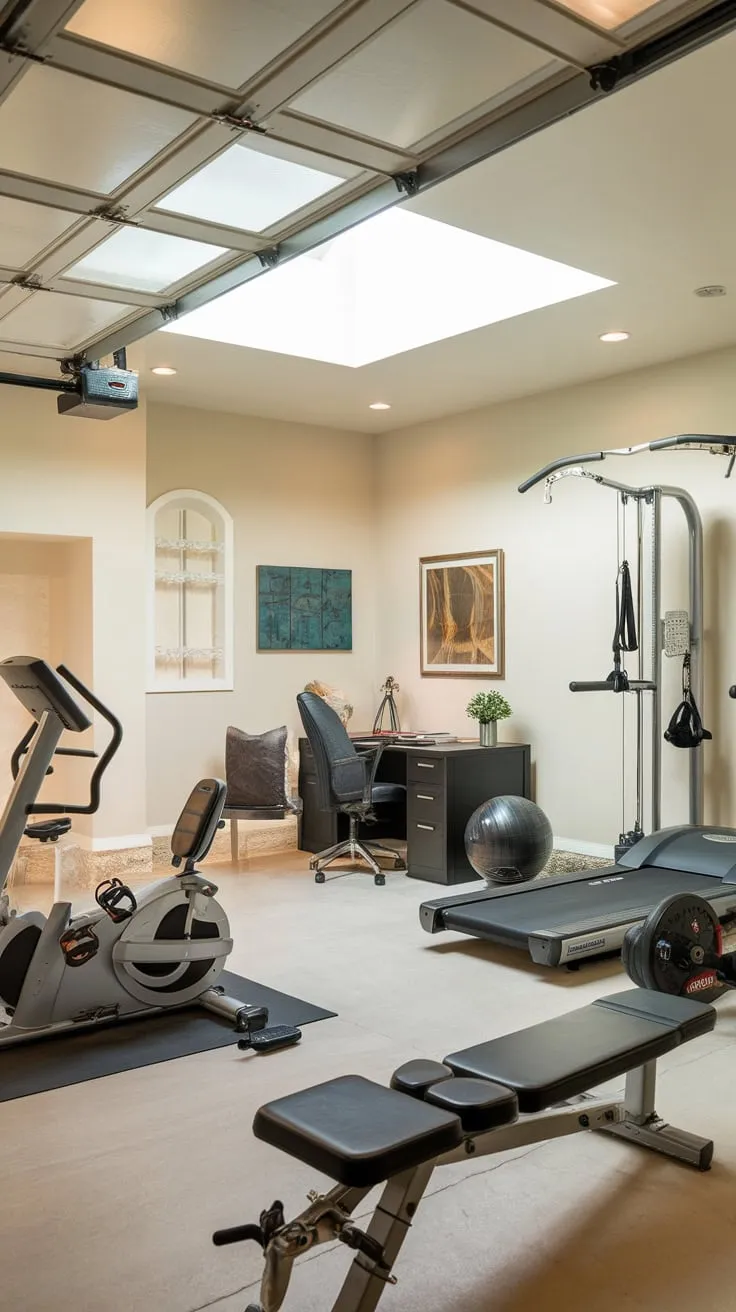 A bright garage conversion seamlessly blends a fully equipped home gym with a functional home office, maximizing space and inspiring productivity.