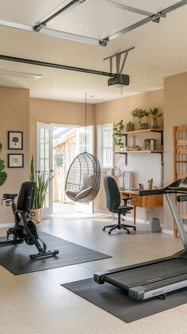 A repurposed garage boasts a functional blend of home office and gym, complete with workout machines, a comfortable workspace, and relaxing accents.