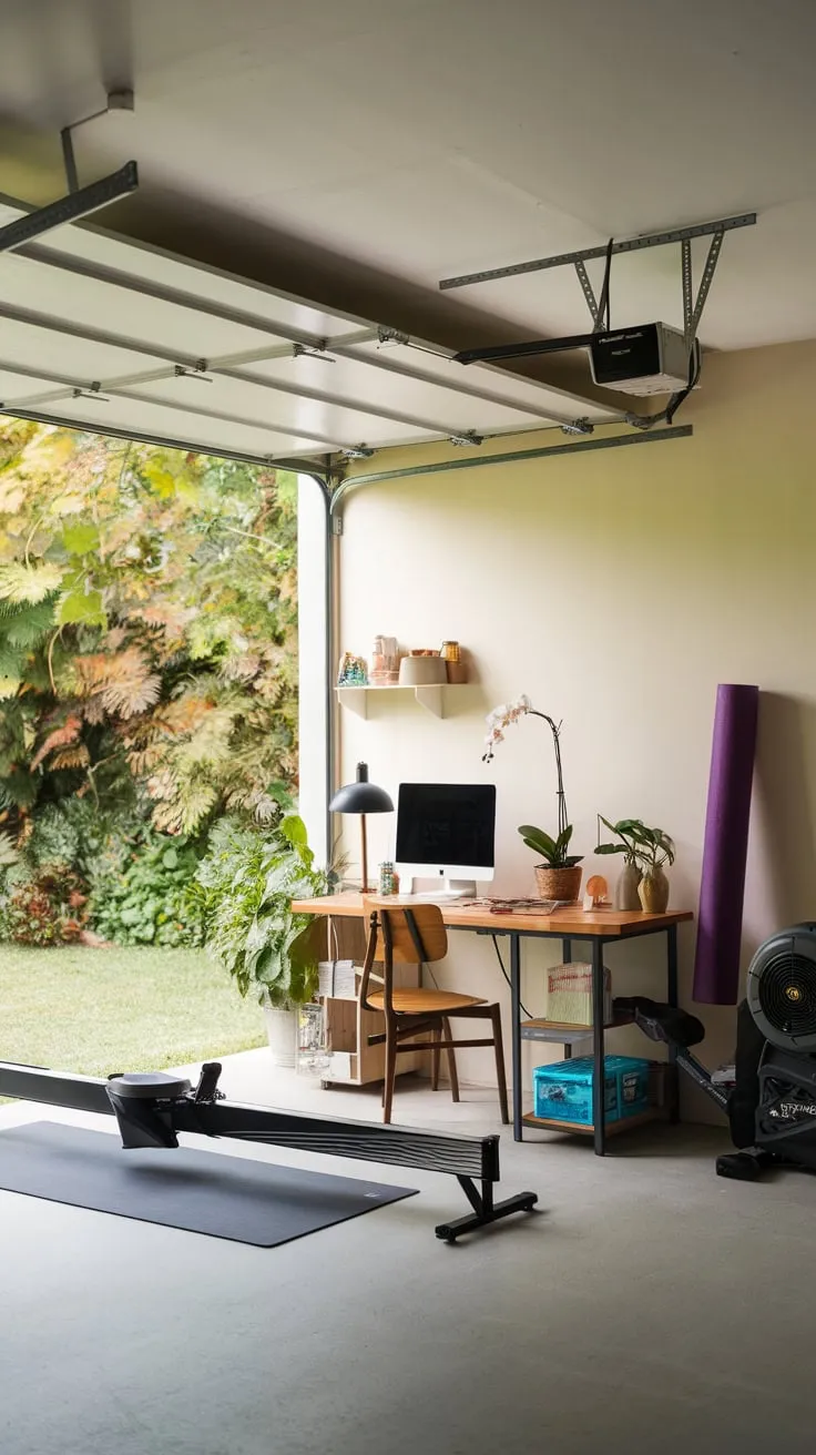 Sunlight streams into a rejuvenating home office gym combo, where work and wellness coexist amidst greenery.
