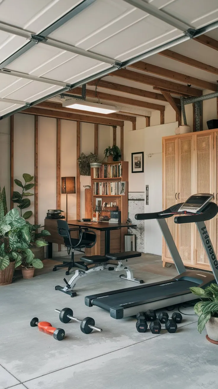 Maximize space and productivity with a combined garage gym and office featuring a treadmill, weights, and a desk, all under exposed wooden beams.