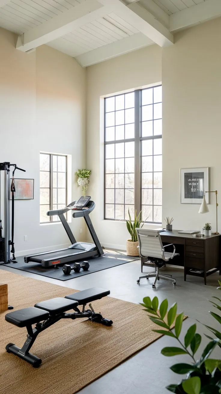 Maximize space and productivity with a bright, airy home gym and office combo featuring workout equipment and a workspace seamlessly integrated.