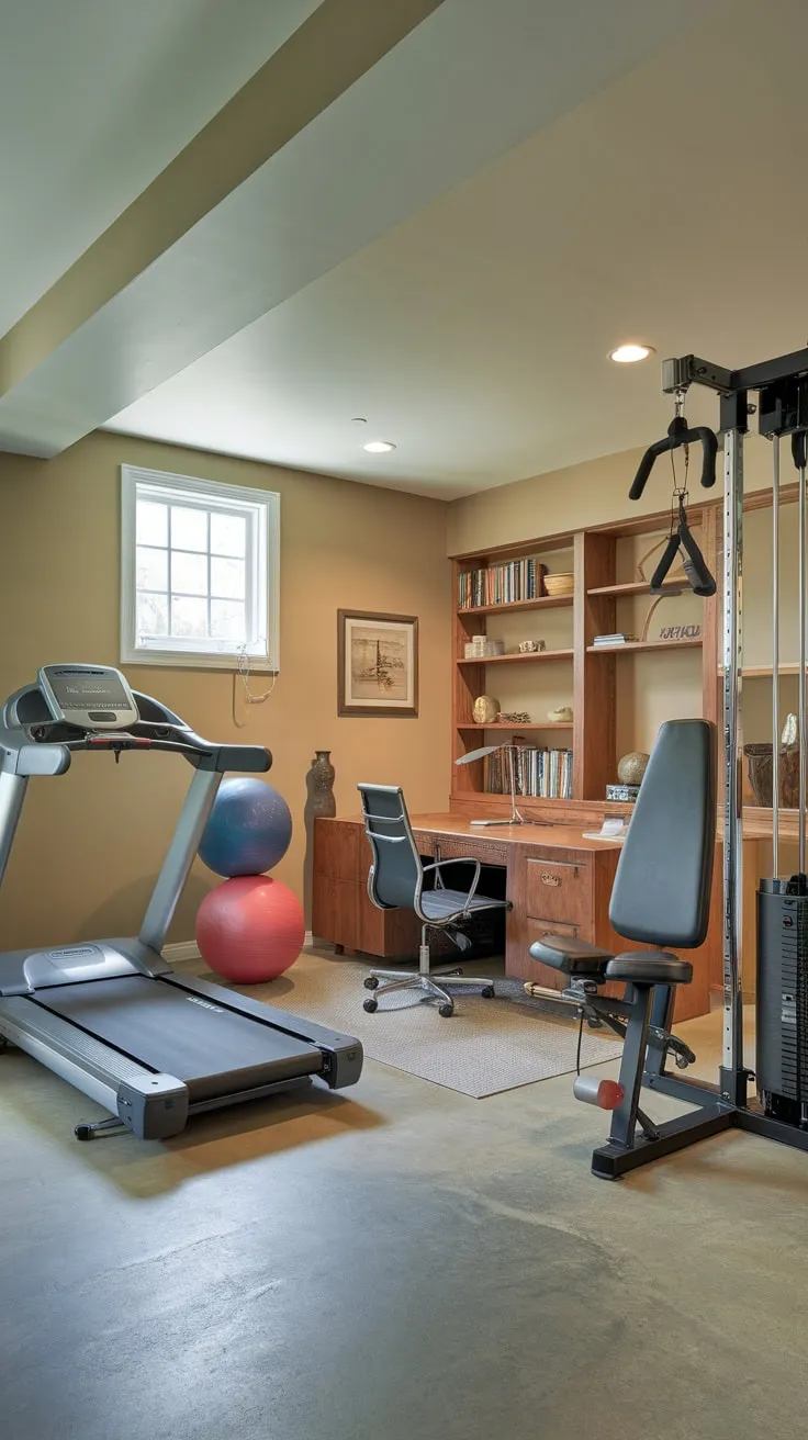 A beige-walled basement seamlessly blends home gym equipment—treadmill, weights, and exercise balls—with a functional office space, complete with desk, chair, and bookshelf.