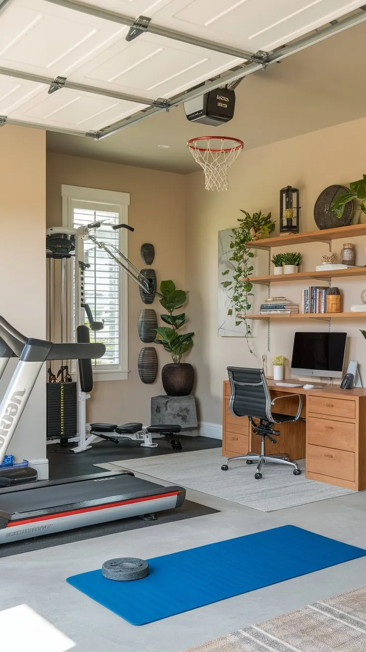 Beige walls, a basketball hoop, and greenery complete this inspiring garage gym-office combo.