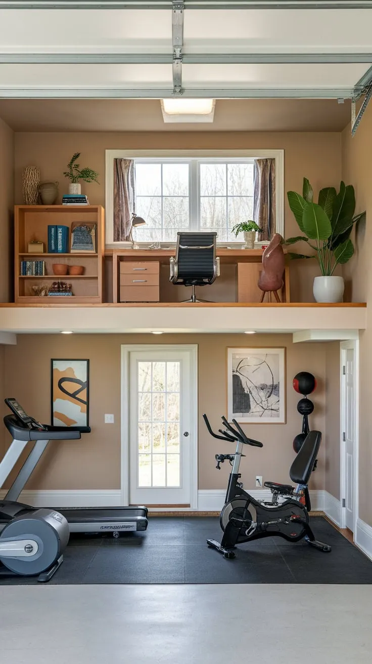 A beige garage transformed into a productive home office above a fully equipped gym, maximizing space with a mezzanine design
