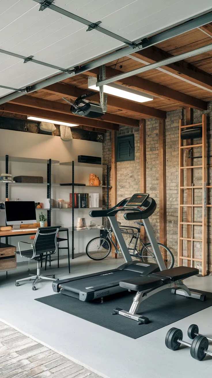 A rustic garage blends home office practicality with a compact gym setup, featuring a treadmill, weights, and desk amidst exposed beams and brick.