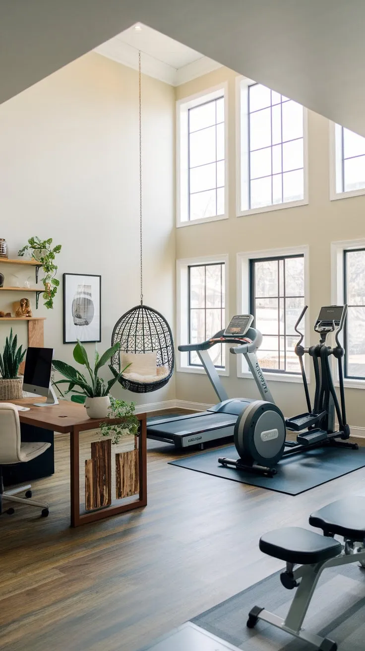 A light-filled room blends productive work space with a complete home gym, featuring cardio equipment, weights, and a relaxing hanging chair.